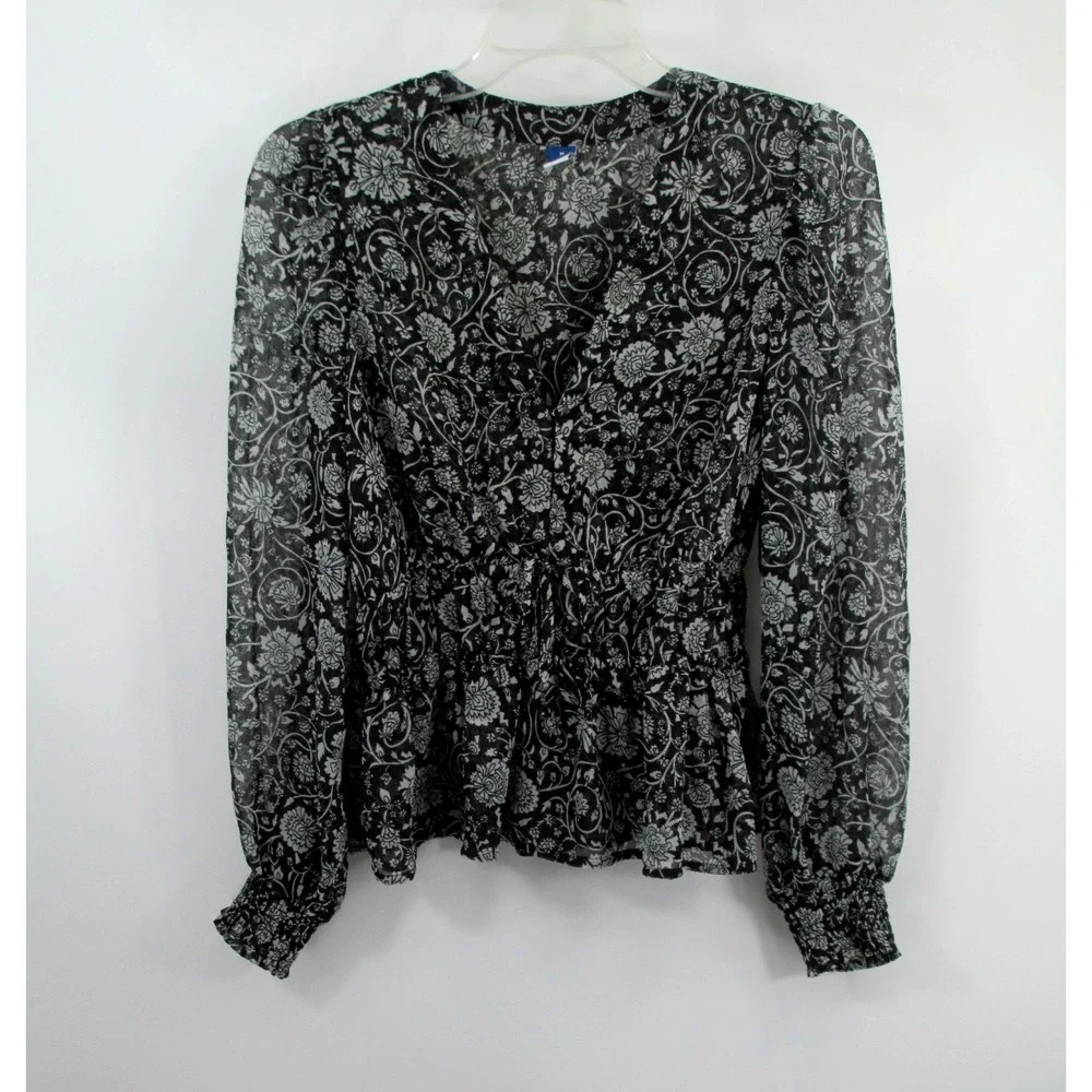 Old Navy Womens Medium Black Floral Peasant Blouse Boho Smocked Puff Sleeve